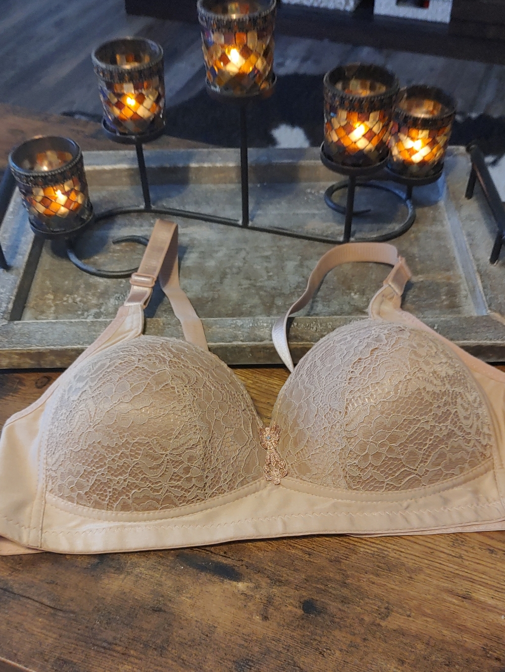 NWOT 42C Prima Valentina Pink/tan Lace Padded Wirefree Bra
